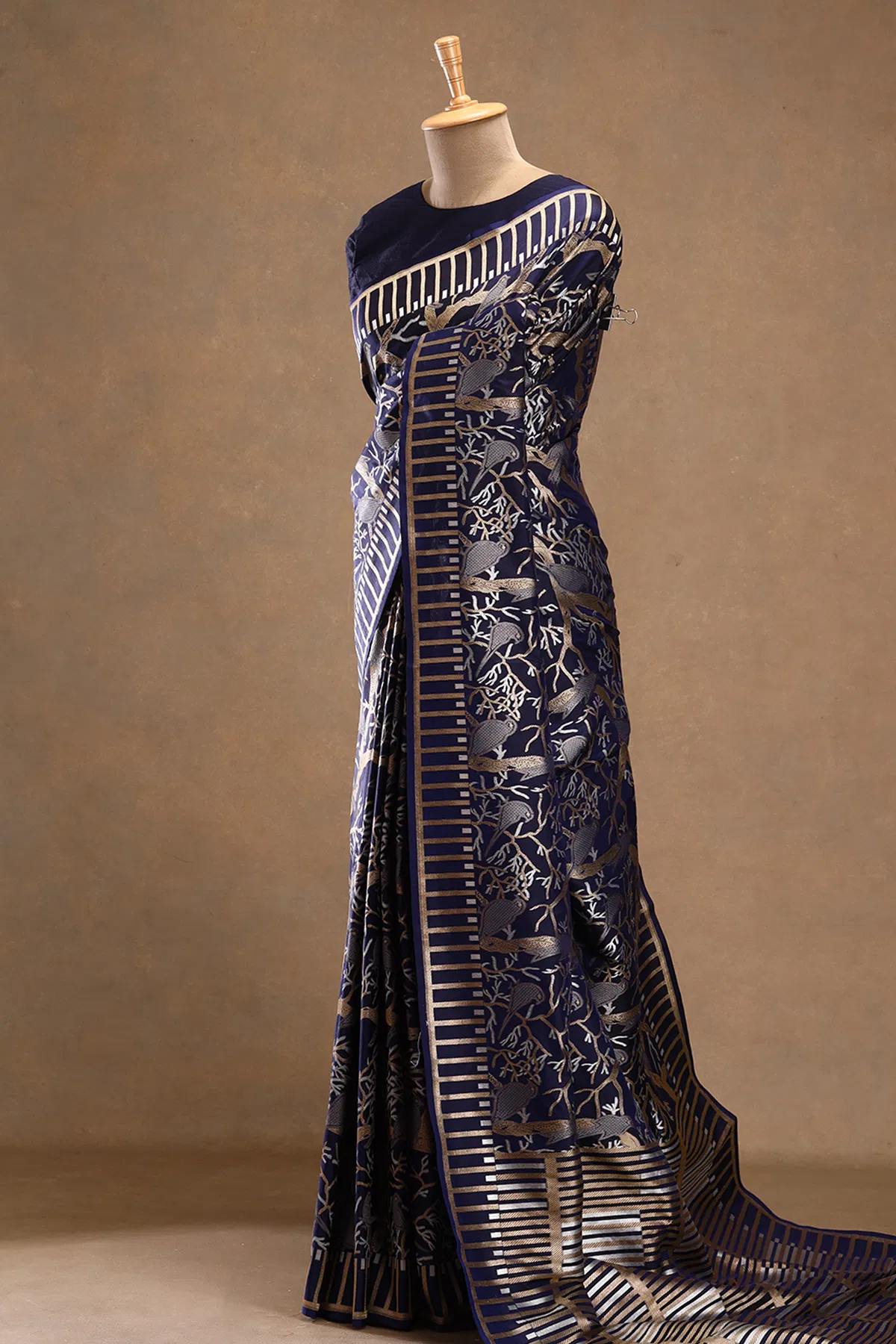 navy blue zari woven banarasi silk saree with unstitched blouse
